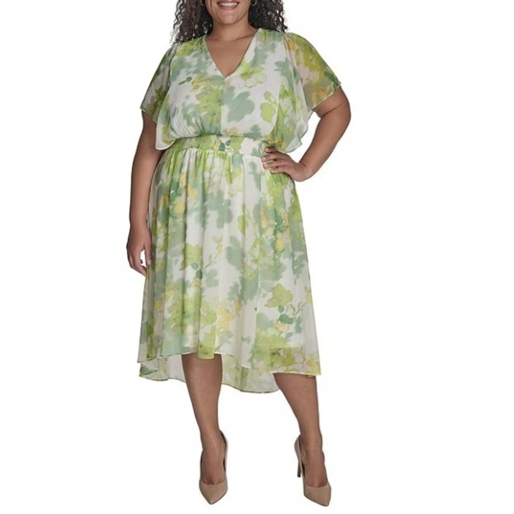 DKNY Womens Plus Size 18W Green Floral Printed Fit Flare Chiffon Midi Dress New